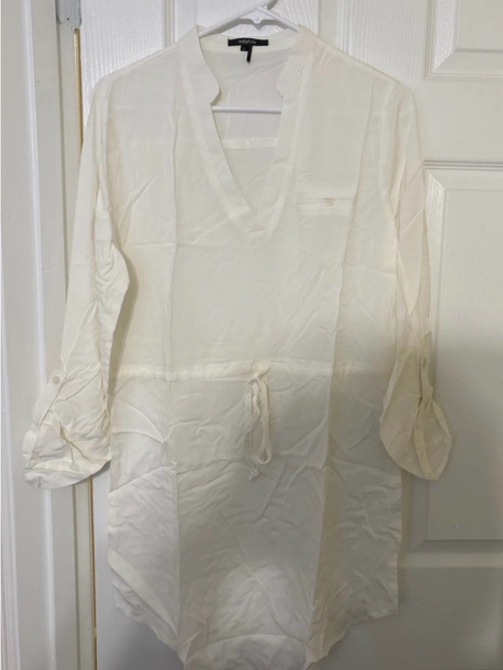 White V-Neck Drawstring Tunic Top